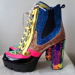 Cape Robbin women's platform ankle boots, blue/gold/neon pink, size 12